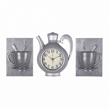 Часы наст. Комплект Классика серый с серебром. чайник+2 чашки  (2622+2-006) /10